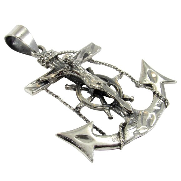 Solid 925 Sterling Silver Anchor With Helm & Crucifix Pendant - Nautical Jewelry - Picture 6 of 8